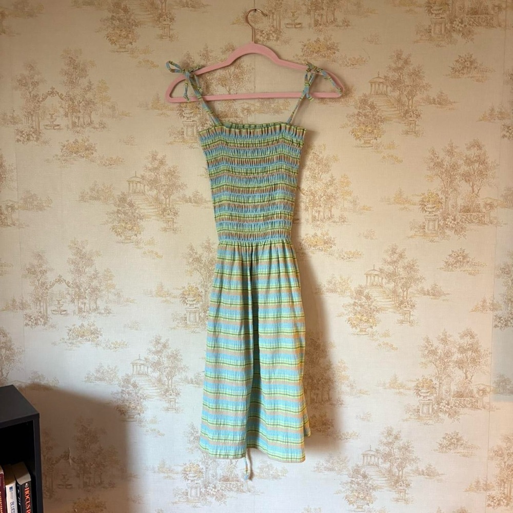 Vintage 80s KITSCH green blue orange stripe smocked mini dress cotton XS/S - Picture 3 of 4